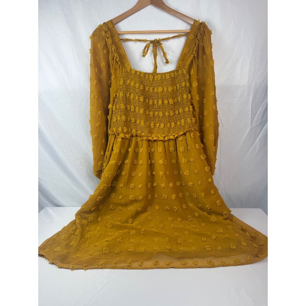 Zesica Size M Swiss Dot Smocked Midi Dress Mustard Yellow Cottagecore #mc